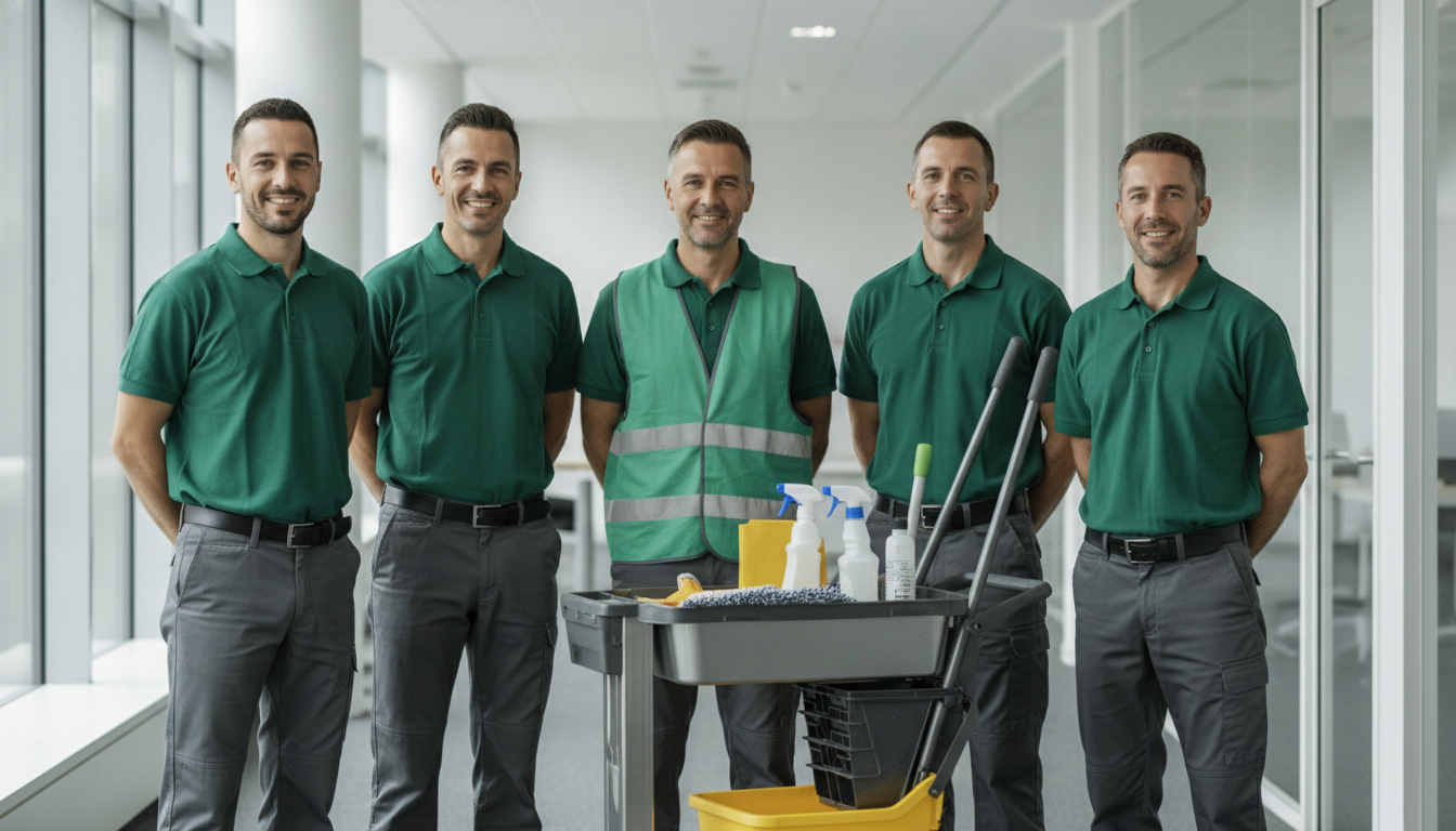 Équipe d agents de nettoyage en polos verts