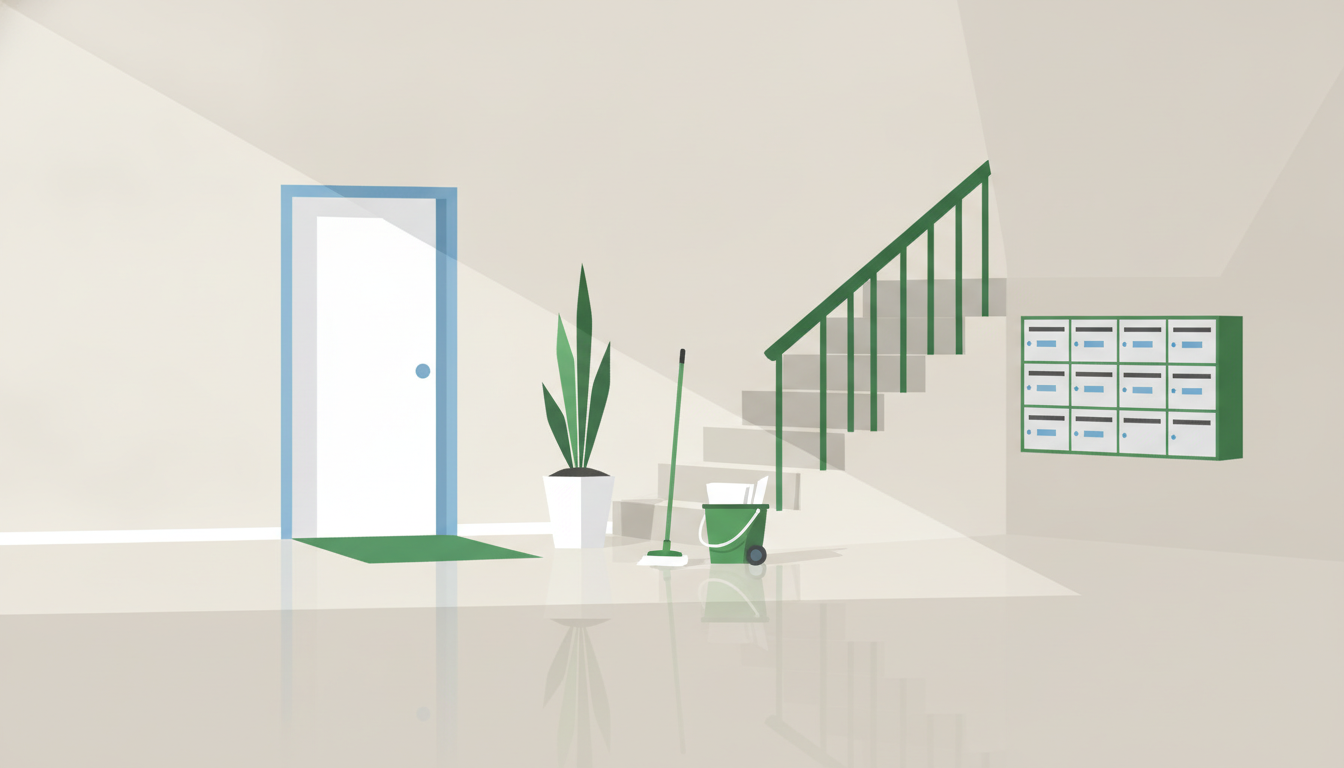 Illustration d'un hall d'immeuble et d'un escalier entretenus